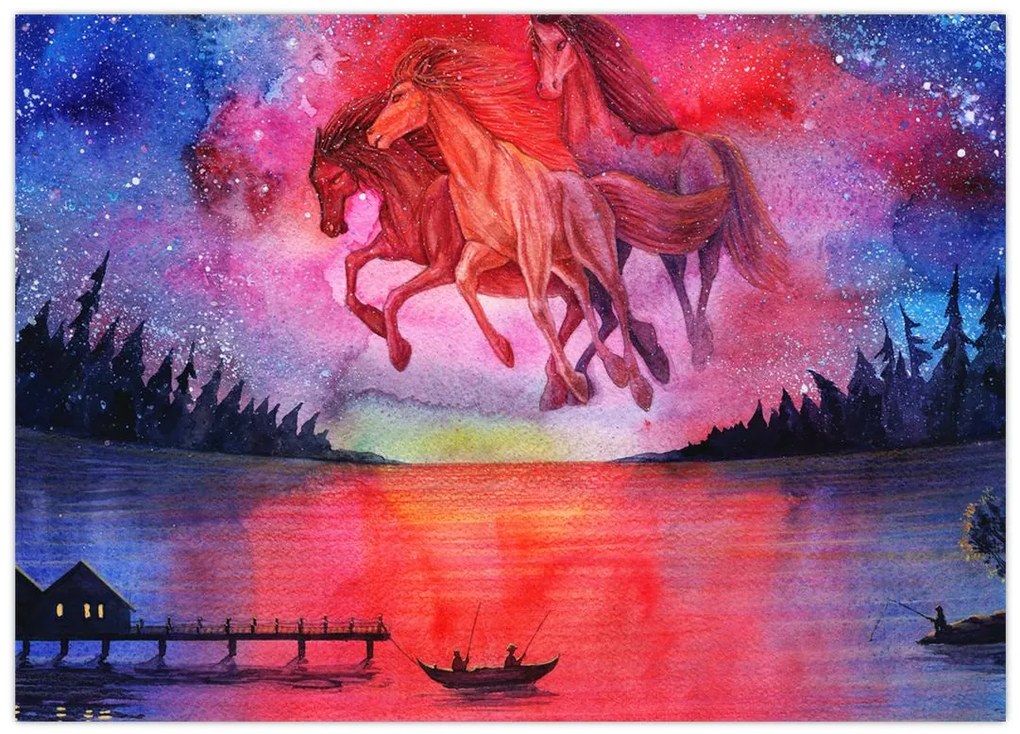 Obraz na szkle - Pojawienie się kosmicznych koni nad jeziorem, akwarela (70x50 cm)