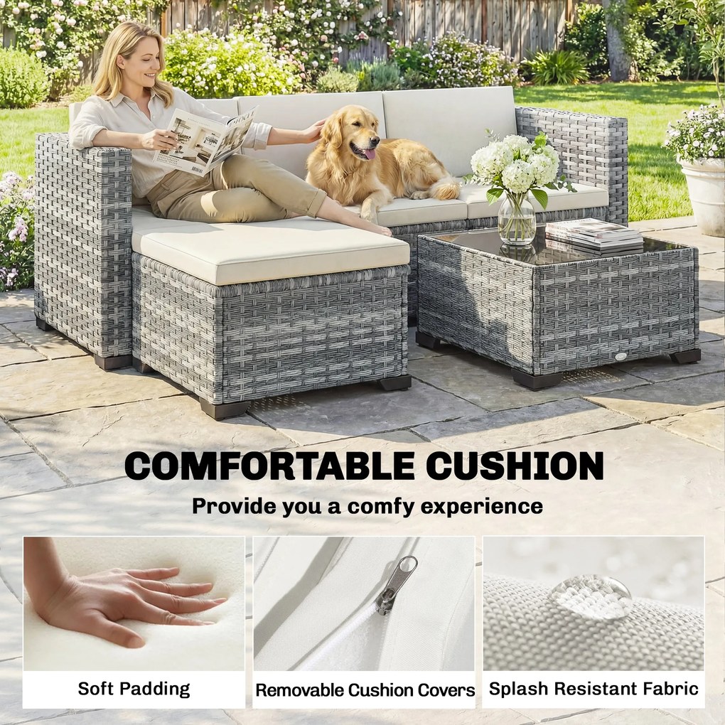 Outsunny Polyrattan Zestaw Mebli Ogrodowych 5-częściowy, Sofa Narożna z Podnóżkiem i Stolik Kawowy, Kremowy + Szary | Aosom PL