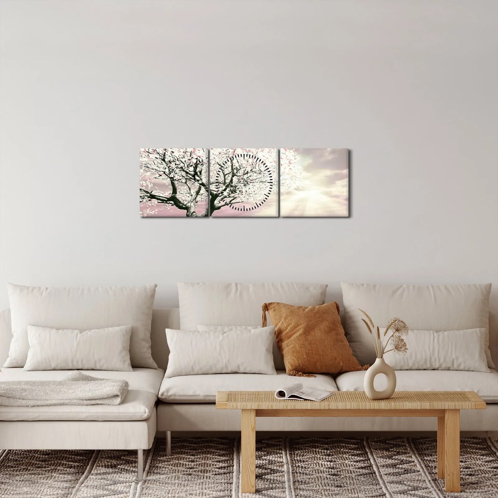 Obraz różowego drzewa (z zegarem) (90x30 cm)
