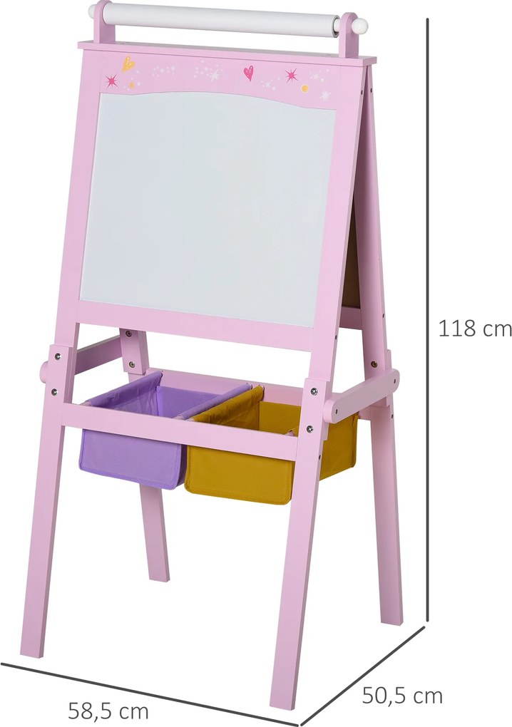 Tablica dziecięca HOMCOM tablica do rysowania dla dzieci konstrukcja 3 w 1 tablica do zabawy 2 zdejmowane kosze magnetyczne dla dzieci powyżej 3 lat MDF włóknina kolor różowy 58,5 x 50,5 x 118 cm