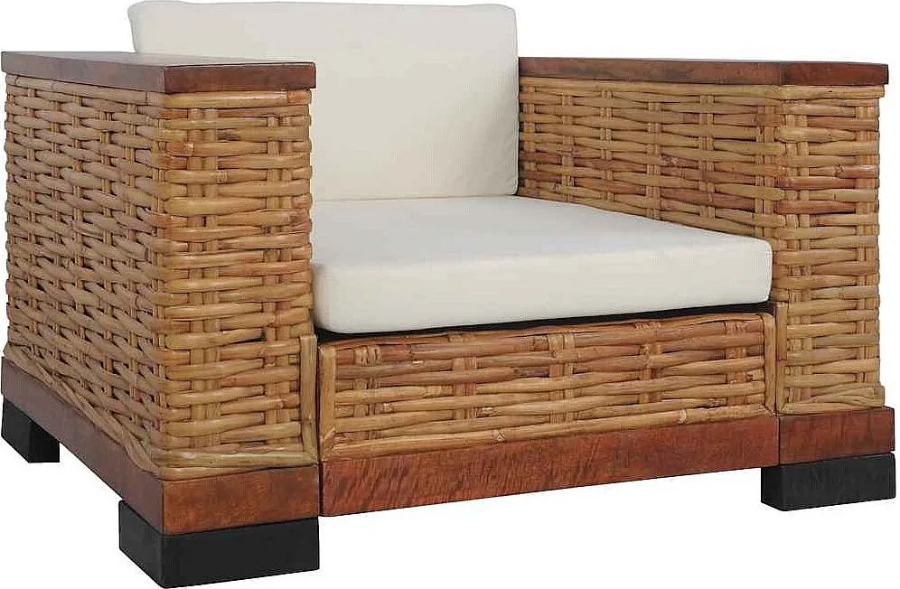 Fotel z naturalnego brązowego rattanu z kremowymi zdejmowanymi poduszkami, rama z drewna mango, styl współczesny, do wnętrz