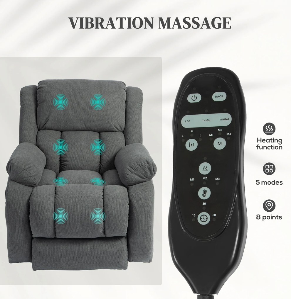 HOMCOM Elektryczny fotel z funkcją pomocy przy wstawaniu i relaksacyjny z masażem i ogrzewaniem, podnóżkiem, pilotem i boczną kieszenią