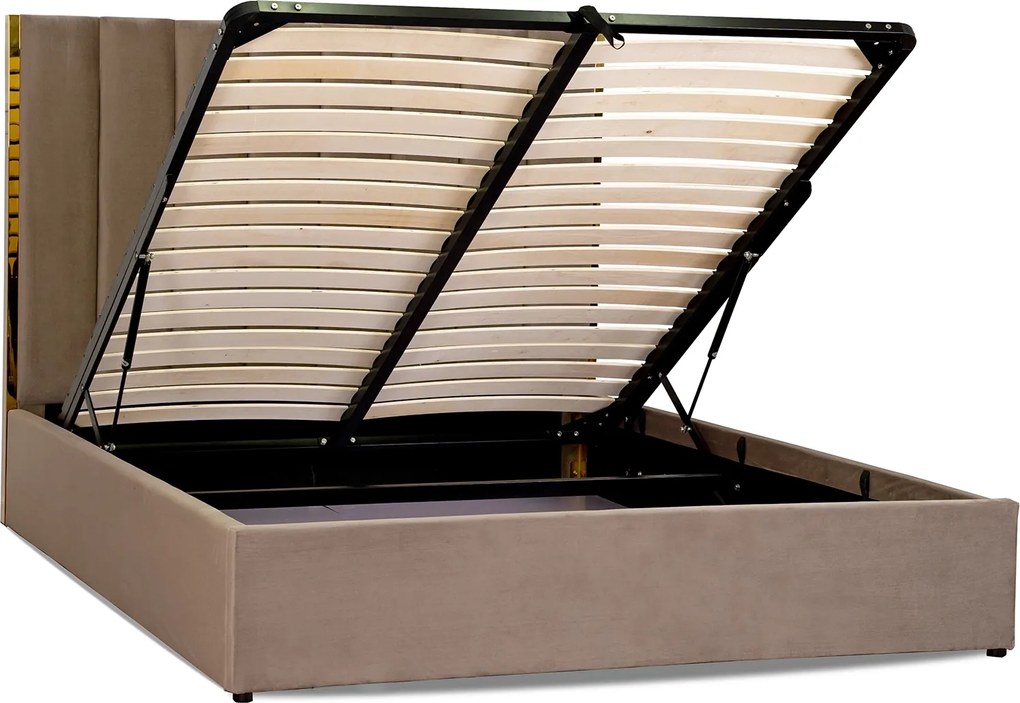 Łóżko Tapicerowane 160x200 cm EMILIO ze Stelażem i Pojemnikiem Dwuosobowe Beżowe Welurowe