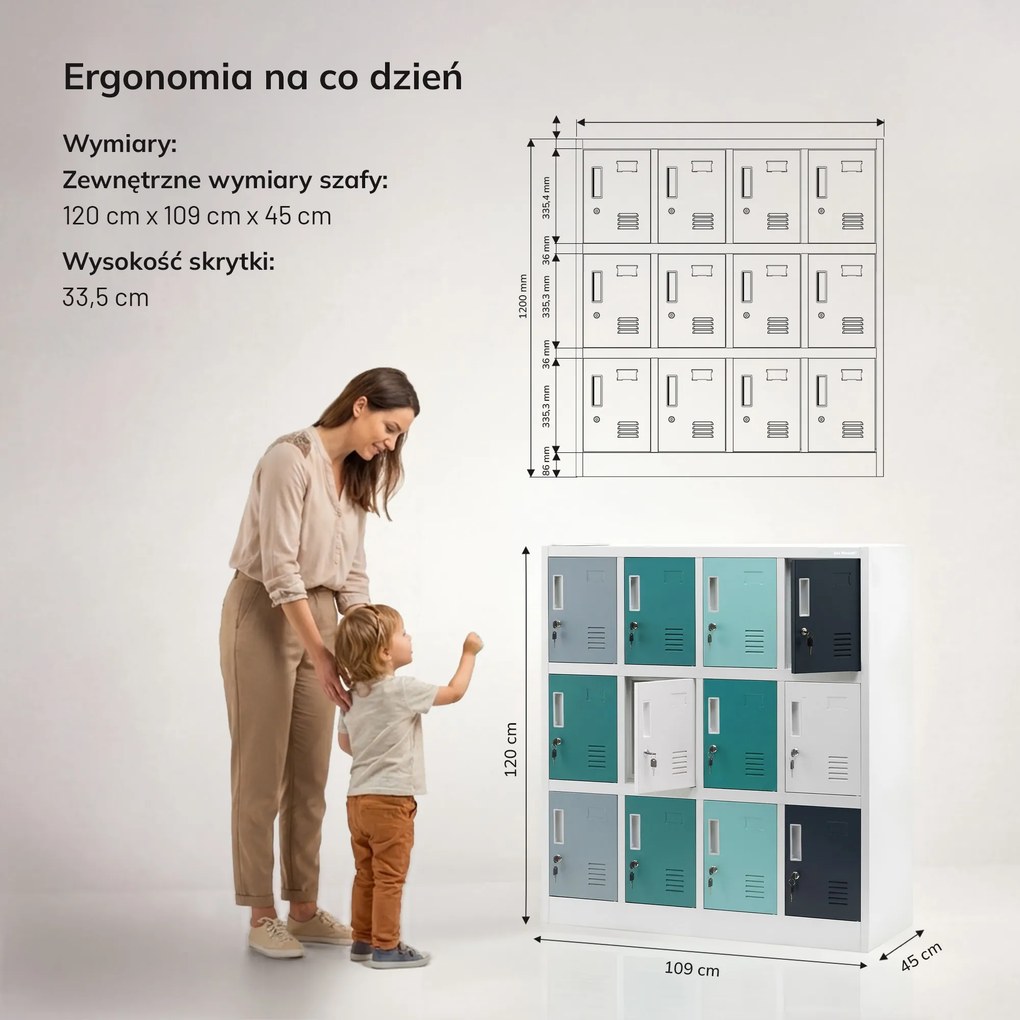 Szafka metalowa do szkoły i przedszkola szaro-niebiesko-granatowa, 1090x1200x450 mm: OLA