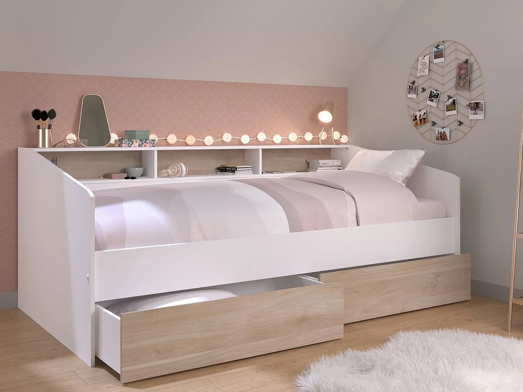 Łóżko ze skrzynią i 90 x 190/200 cm - Biały i naturalny + Stelaż + Materac - PAULETTE