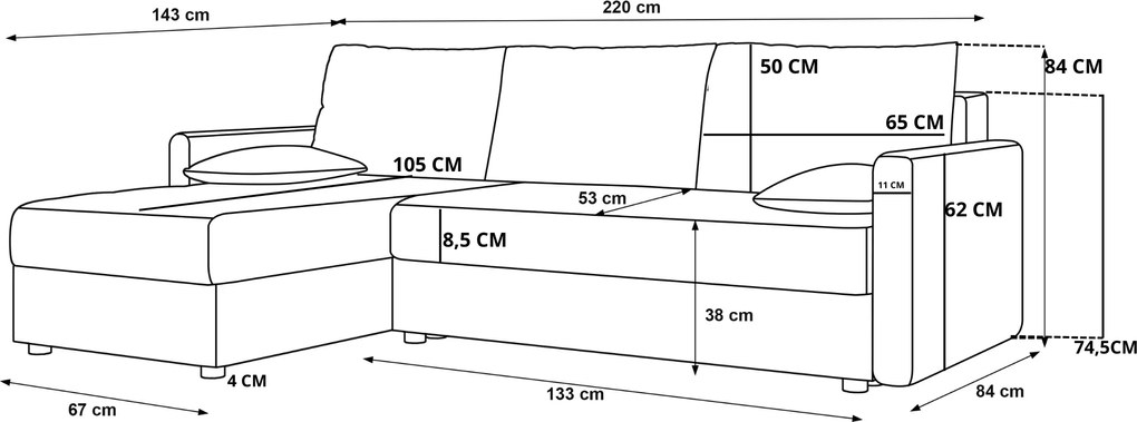 Rozkładana narożna sofa VENORIA 220x143 cm, beżowa, uniwersalna + 2 poduszki GRATIS