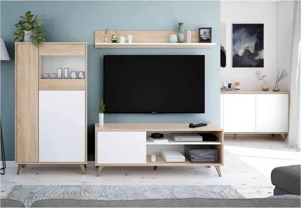 Mebel TV LAURA z 2 półkami, 1 drzwiczką i półką ścienną - Biały i Drewno - Styl Skandynawski