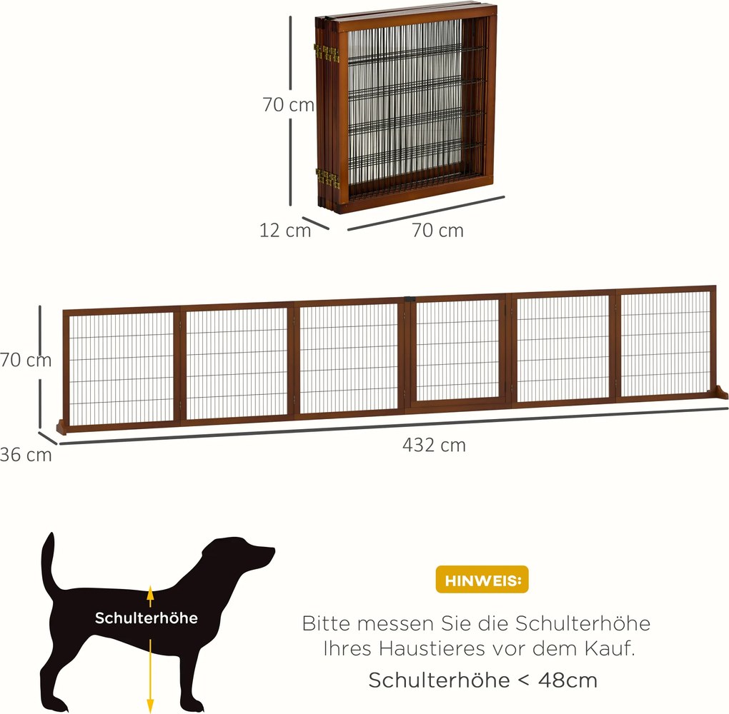 PawHut Barierka zabezpieczająca dla psów, składana, z drewna sosnowego, 432 x 36 x 70 cm, Kawa