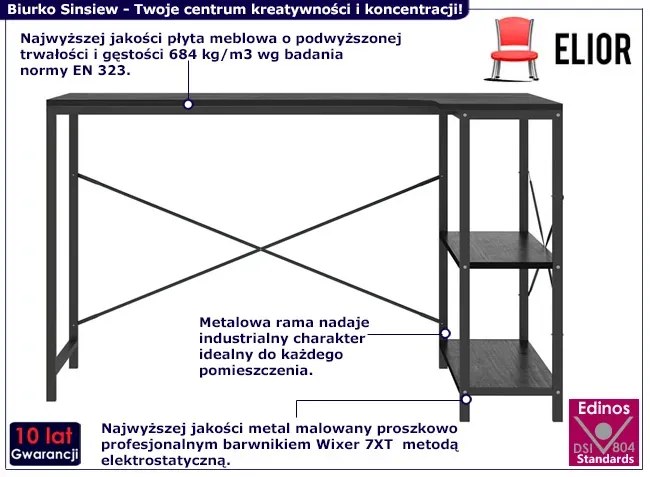 Czarne biurko narożne z metalowym stelażem - Sinsiew