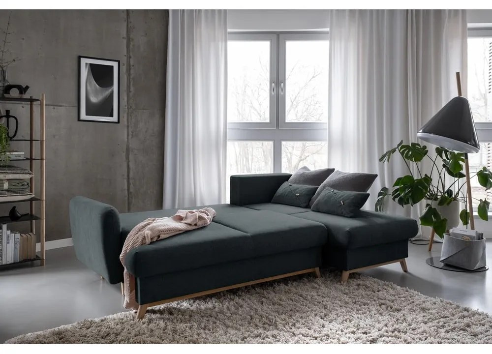 Ciemnoszary rozkładany/ze schowkiem narożnik (prawostronny/z szezlongiem) Scandic Lagom – Miuform