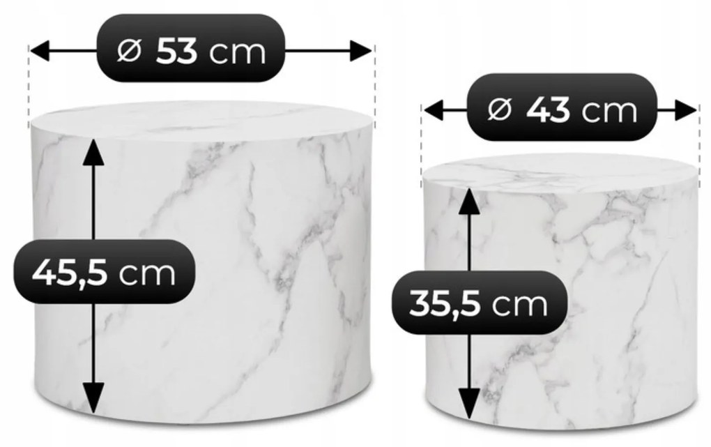 Zestaw Stolików Kawowych LEILA 43 cm/53 cm Biały Marmur Nowoczesny Glamour