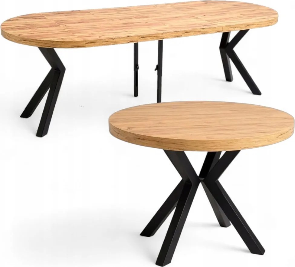 Stół okrągły Ø100 rozkładany do 300 cm Dąb Craft + Czarny Metal X
