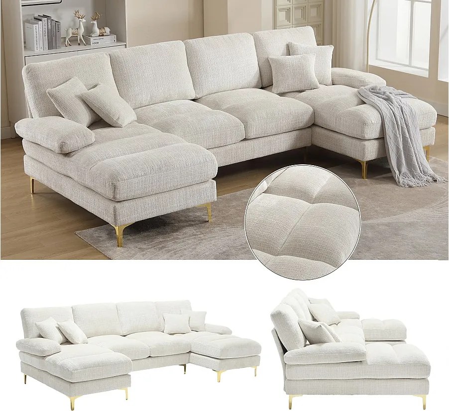Nowoczesna sofa w kształcie litery U - 272 x 136 x 88 cm - z 2 rozkładanymi siedziskami do salonu i sypialni - Chenille - beżowa