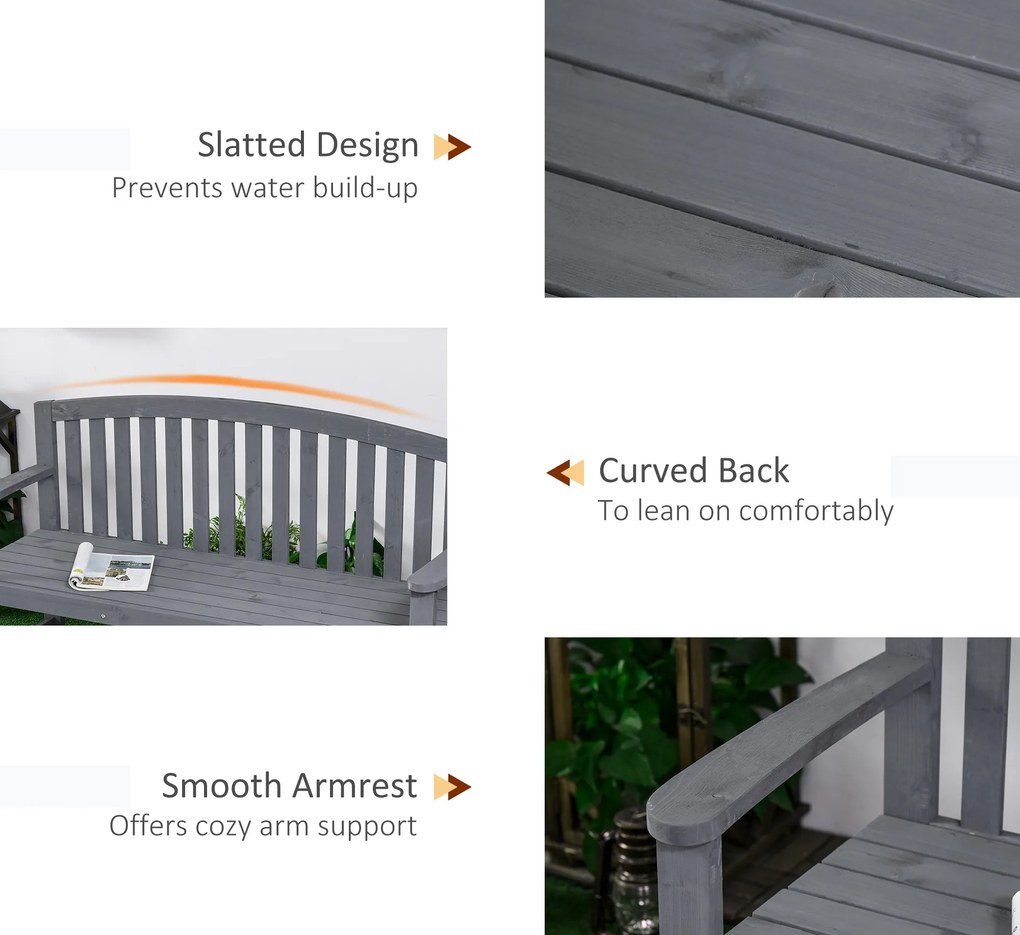 Outsunny 2-osobowa ławka ogrodowa z drewna, odporna na warunki atmosferyczne, z oparciem, udźwig 240 kg 143 x 51 x 85 cm, Szary | Aosom PL