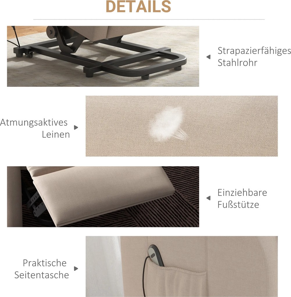 HOMCOM Fotel Relax z funkcją pomocy przy wstawaniu, leżenie, do 200kg, 72,5x94x109cm, kremowy