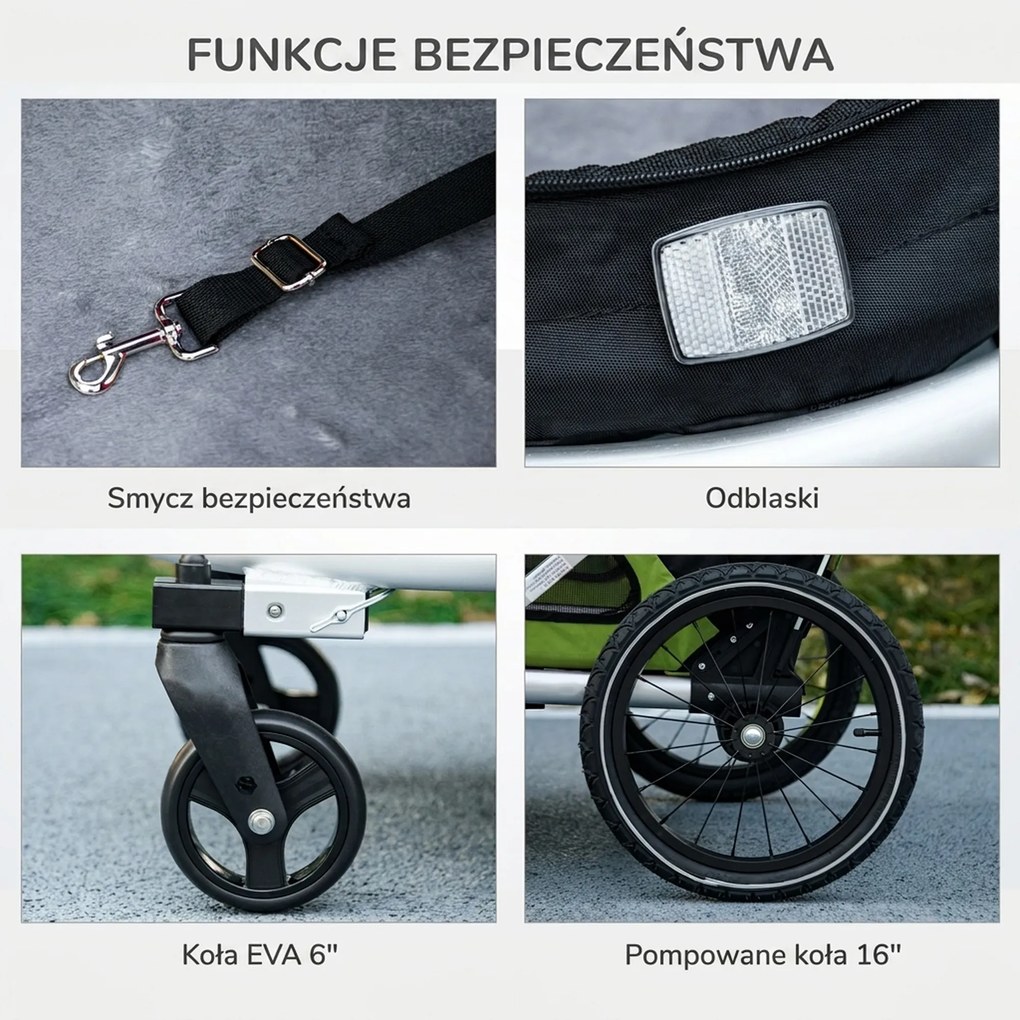 PawHut 2 w 1 Wózek dla Psa Wózek do Biegania z Psem Przyczepa Rowerowa, 2 Elementy Odblaskowe, 1 Linka Bezpieczeństwa, 150 x 68 x 95 cm, Zielony