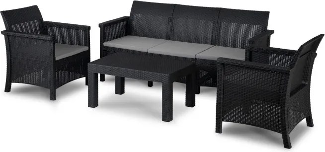 Zestaw Mebli Ogrodowych SAVIO Czarny Sofa 2x Fotel Stolik Tarasowy Technorattan Nowoczesny