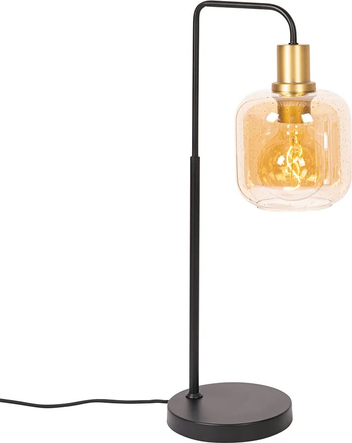 Designerska lampa stołowa czarna z mosiądzem i bursztynowym szkłem - Zuzanna