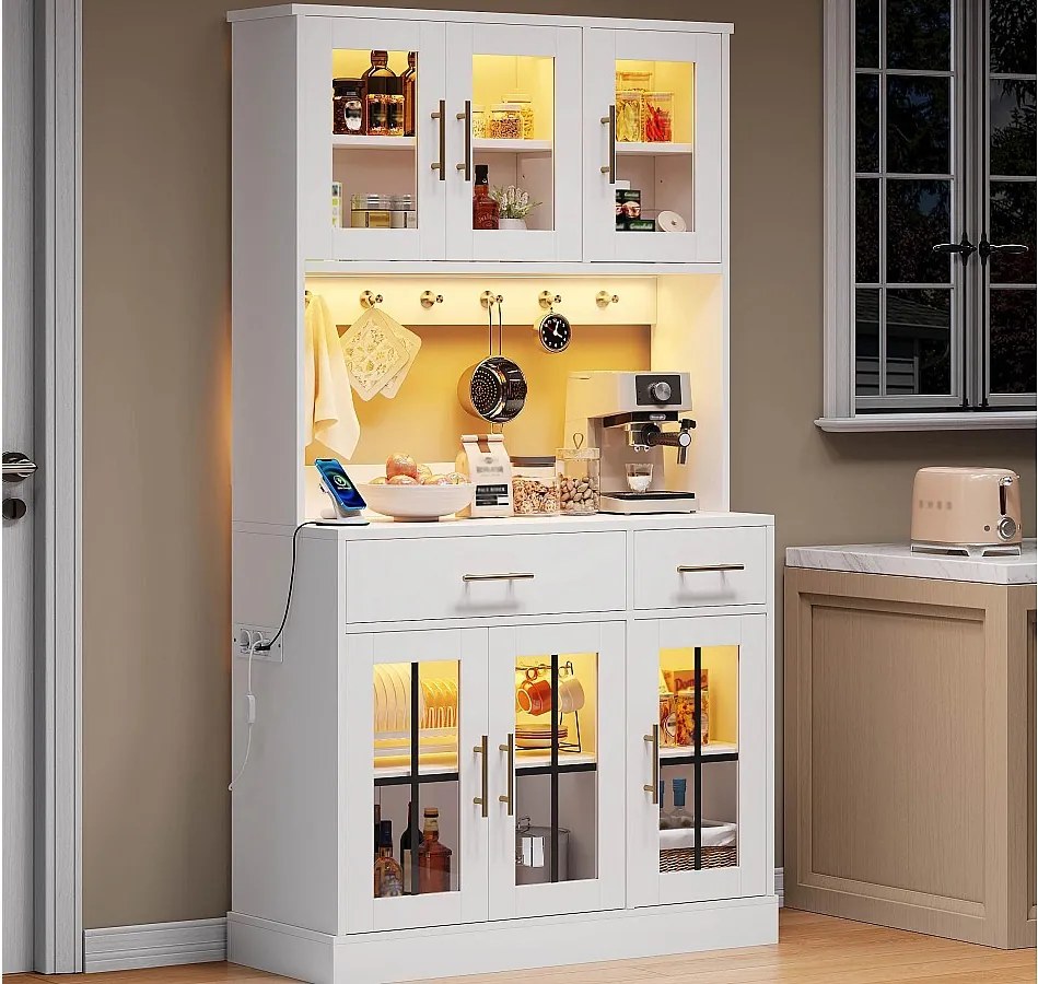 Nowoczesny bufet kuchenny 100x40x180cm - z gniazdkiem i LED - z 2 szufladami i 6 drzwiami - Biały