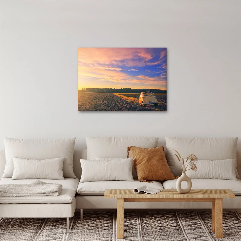 Obraz żółtego samochodu na polu (70x50 cm)