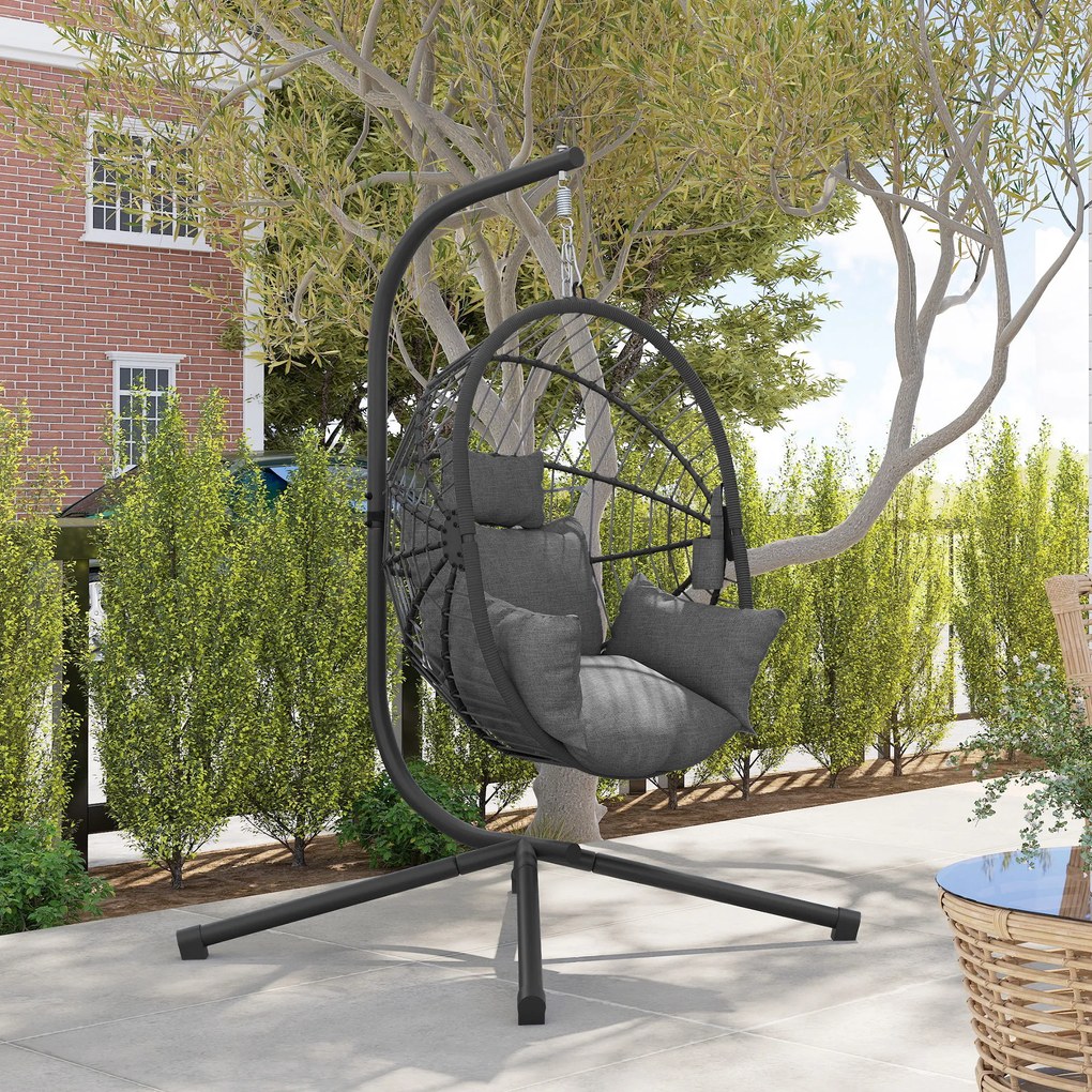 Outsunny Outdoor Wiszący Fotel z poduszką, Egg-Chair, 120 cm x 106 cm x 188 cm, Szary