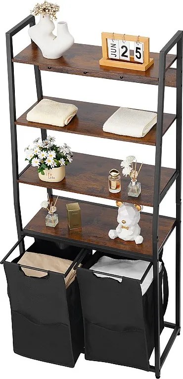 Kosz na Pranie SucceBuy 4-Poziomowy Sorter na Pranie z 2 Przegrodami, Półkami, Haczykami i Workami z Tkaniny, Idealny do Organizacji Brudnych Ubrań w Pralni