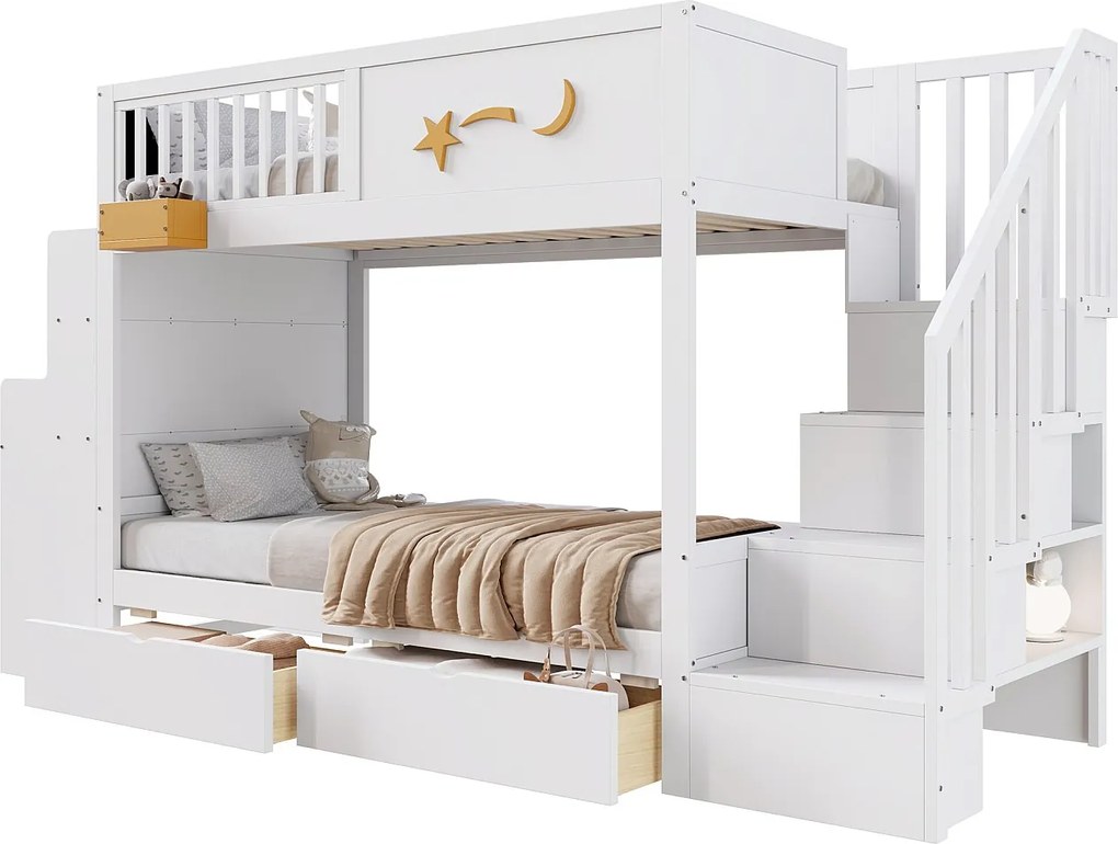 Łóżko piętrowe dziecięce 90 x 200 cm - z 2 szufladami - z drabiną bezpieczeństwa - z biurkiem - biały​ (materac nie jest wliczony w cenę)