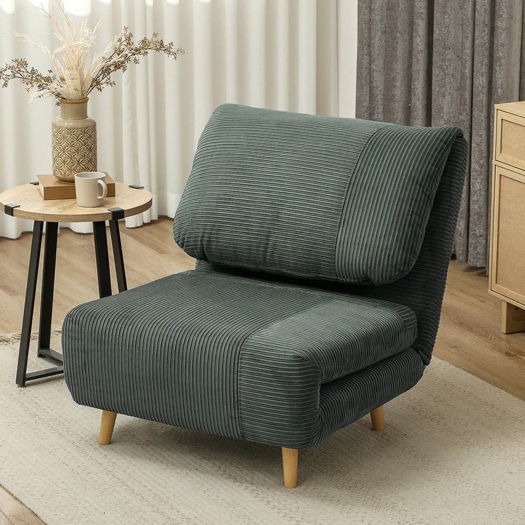 HOMCOM Fotel do Spania 2 w 1 z Regulowanym Oparciem i Poduszką, Welur Kordowy 82 cm x 89 cm x 83 cm Zielony