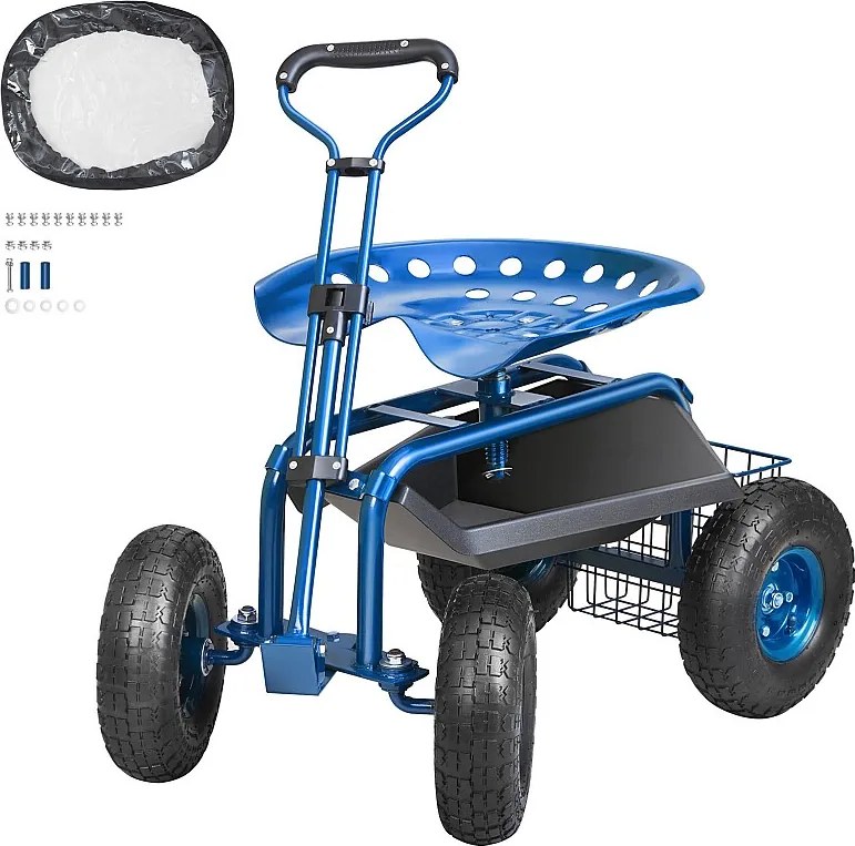 Siedzisko Ogrodowe na Kółkach, SucceBuy Wózek Ogrodowy z Siedziskiem, Kółkami i Wysuwaną Rączką