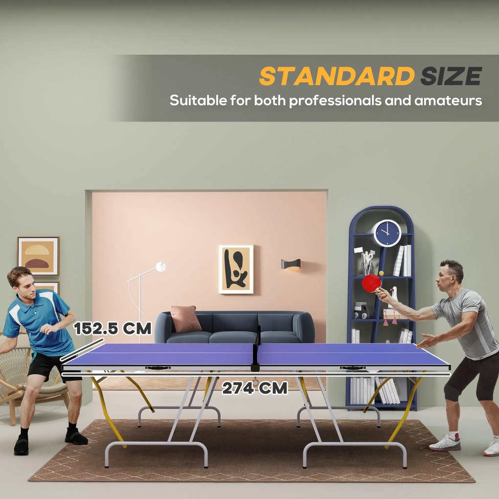 SPORTNOW Stół tenisowy składany z akcesoriami rakietki piłki siatka niebieski 274x152x76 cm | Aosom PL