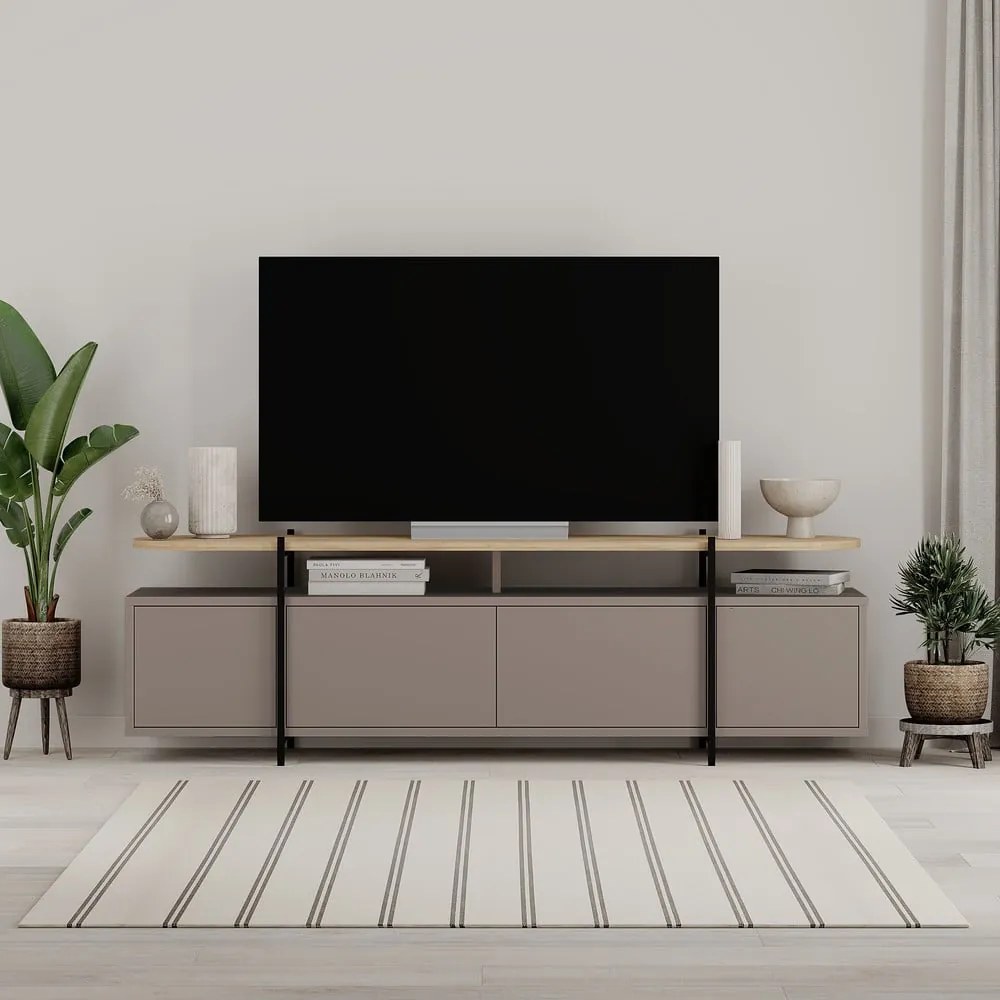 Szarobeżowa szafka pod TV w dekorze dębu 160x48 cm Hinoa – Marckeric