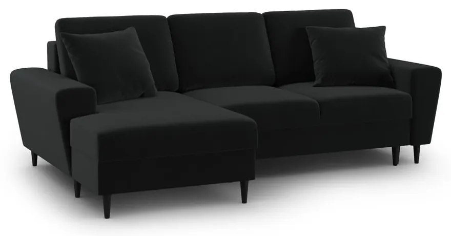Czarny aksamitny rozkładany narożnik ze schowkiem (lewostronny/z szezlongiem) Kyoto – Cosmopolitan Design