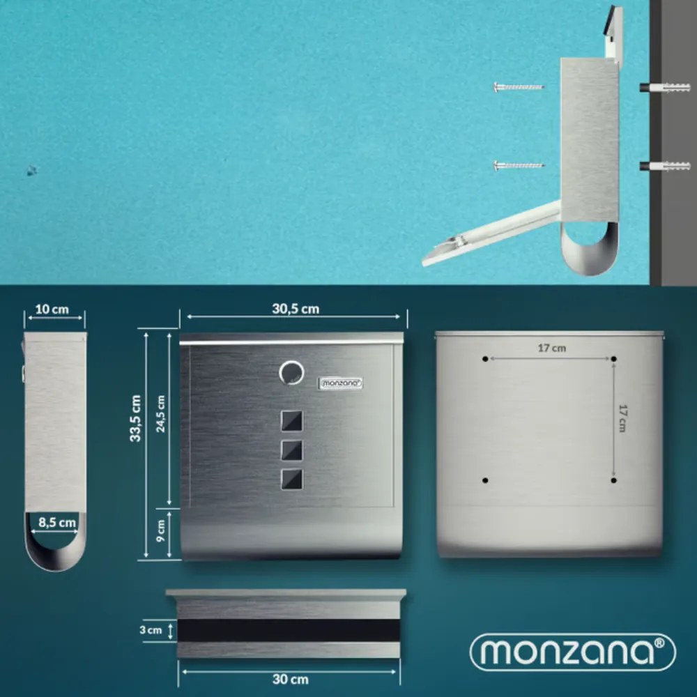 Monzana Skrzynka pocztowa z tubą na gazety POST, 30,5x10x33,5cm, srebrna