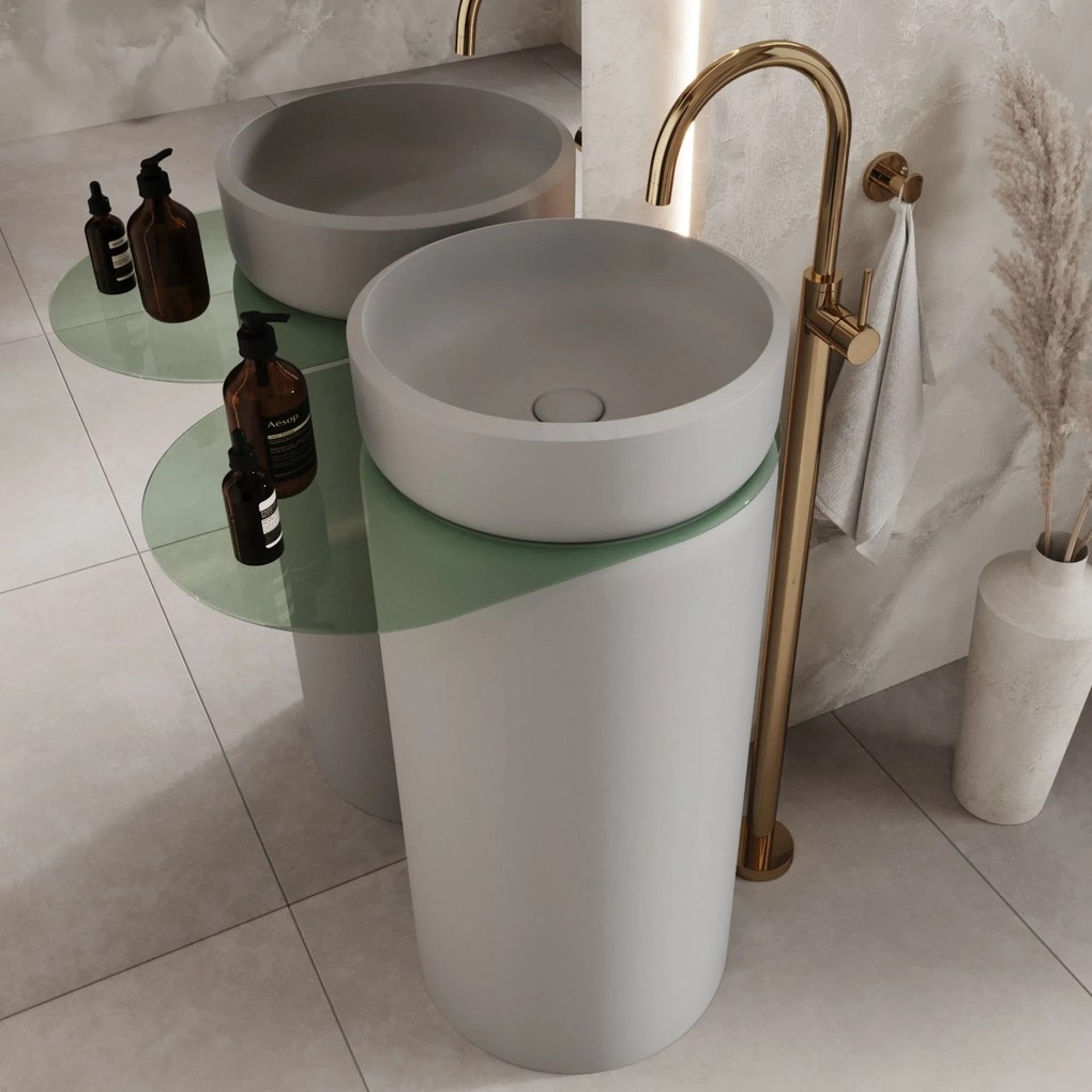 Umywalka z konglomeratu wolnostojąca okrągła z półką szklaną 85 x 40 cm RONA bez przelewu | Różne kolory półki : Kolor szkła - Czarny, Kolor umywalki RONA - Biały połysk, Podłączenie syfonu - Do ściany, Półka - Szklana