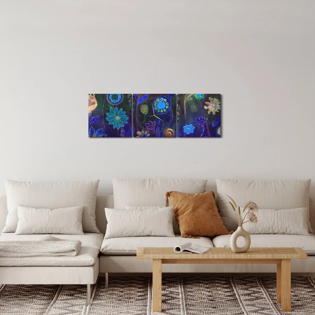 Obraz ciemnoniebieskich kwiatów (z zegarem) (90x30 cm)