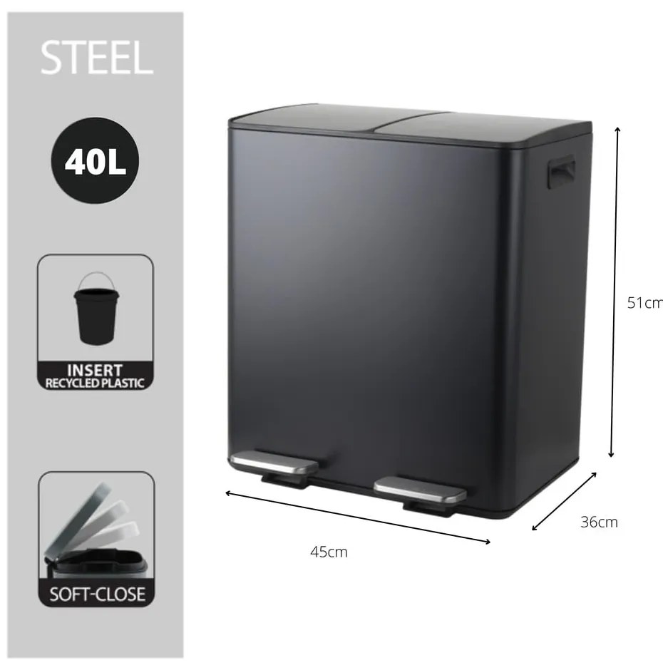 Stalowy kosz na śmieci 2x20 l do segregacji odpadów/z pedałem w kolorze matowej czerni Aliya – Spirella