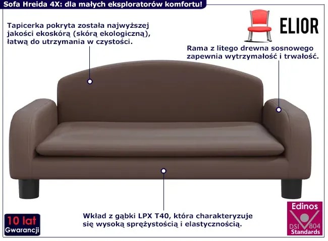 Brązowa sofa dziecięca ze sztucznej skóry Pinokio 3S