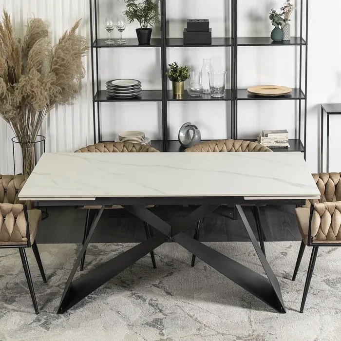 Stół Rozkładany Prostokątny VICTOR 160-240 cm Ceramiczny Biały Marmur/Czarny do Jadalni Loft