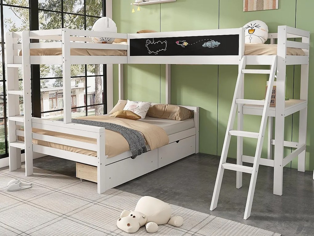 Łóżko piętrowe 2x90x200cm + 140x200cm z drewna - z biurkiem i 2 szufladami - Białe