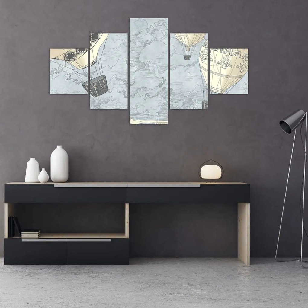 Obraz - Balony nad miastem, zimne odcienie (125x70 cm)
