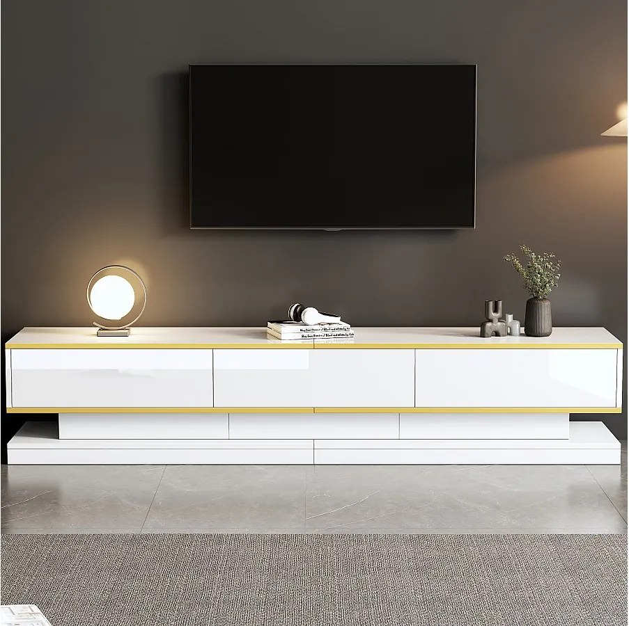 Biała szafka RTV z trzema szufladami i złotymi wykończeniami – do salonów i biur