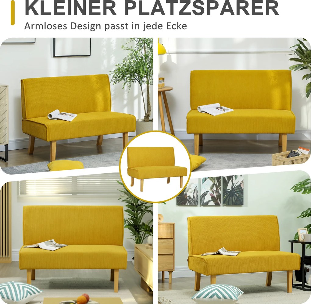 HOMCOM Sofa dwuosobowa z pokryciem kordowym, grubą tapicerką i solidnymi nogami drewnianymi do salonu, sypialni, biura, Żółty