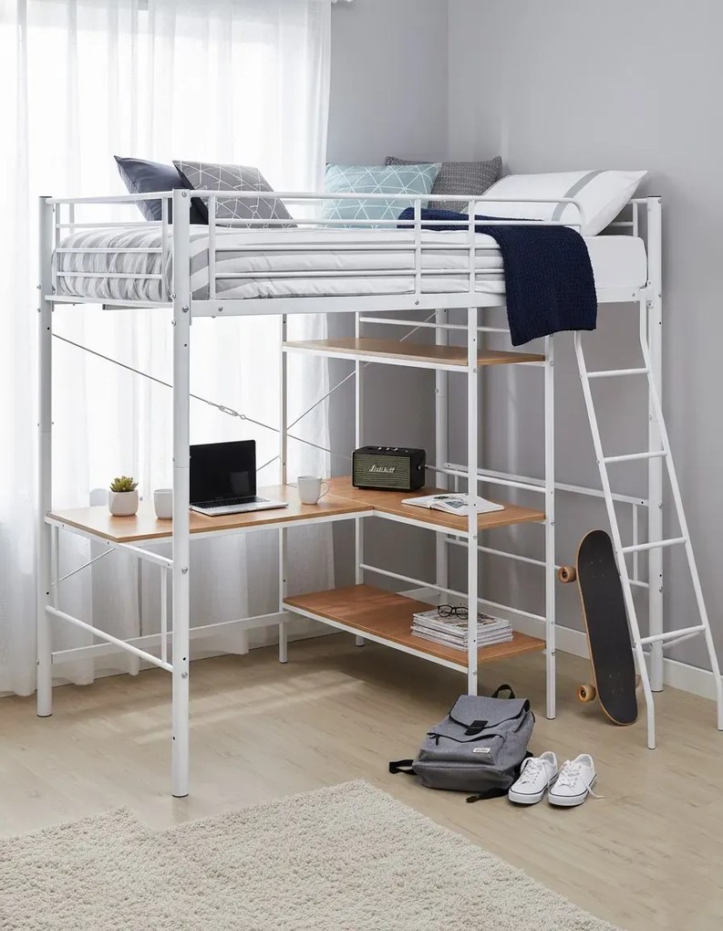 Białe metalowe łóżko z biurkiem i regałem 90x200 cm R7-Z44