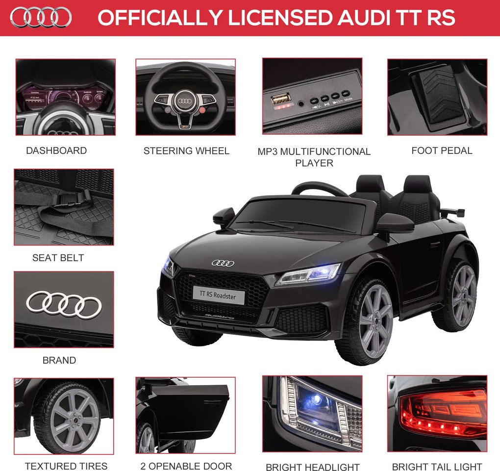 HOMCOM Dziecięcy Samochód Elektryczny, Audi TT RS Roadster, 3 km/h, Pilot, LED, USB, Czarny