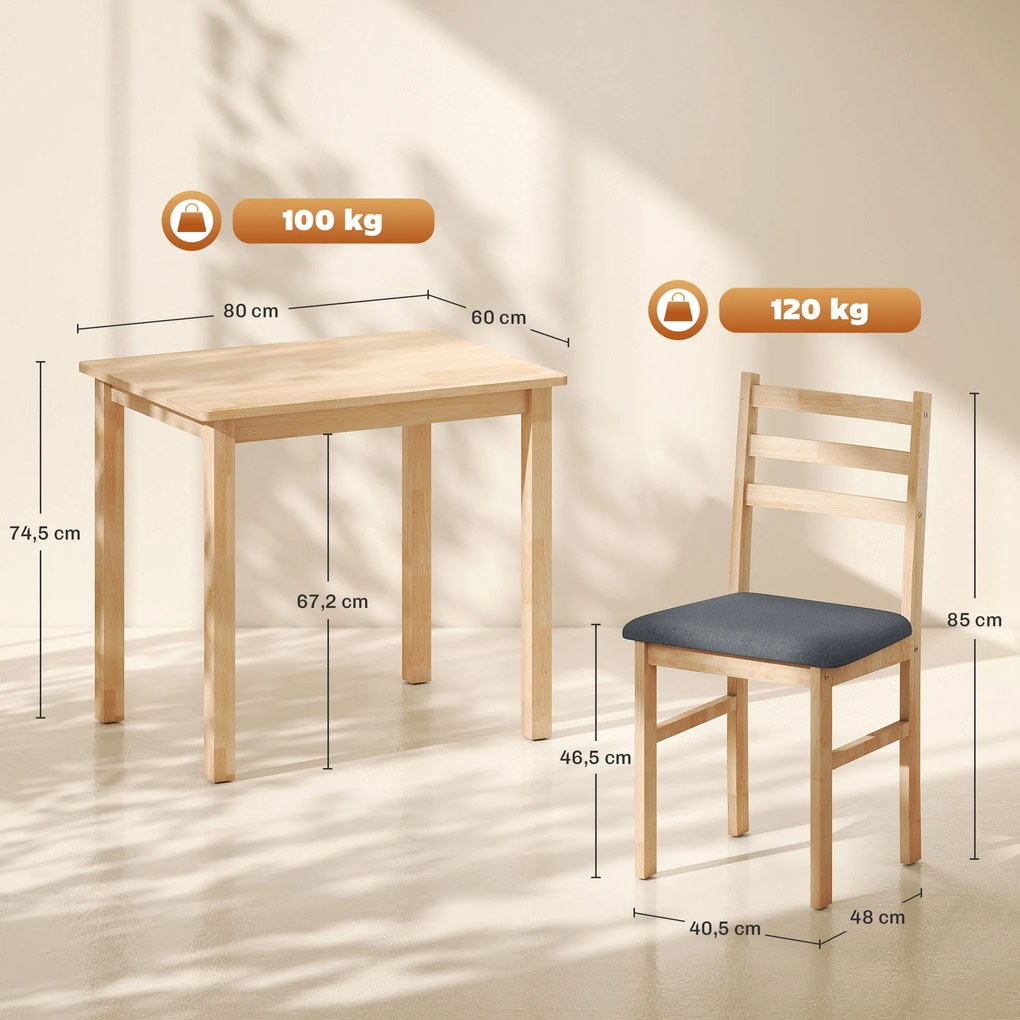 HOMCOM Zestaw 3-częściowy z stołem i 2 krzesłami, stół kuchenny do kompaktowych przestrzeni, tapicerowane krzesła, oszczędzające miejsce, MDF, naturalne drewno