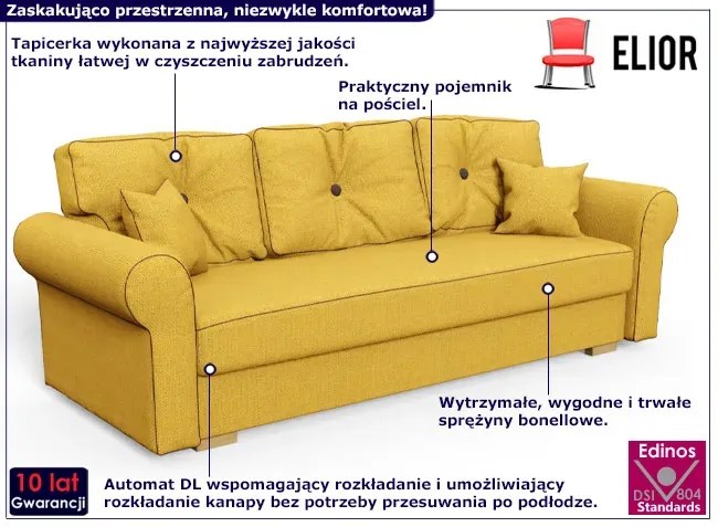 Żółta rozkładana kanapa z pojemnikiem na pościel - Blosse 3X