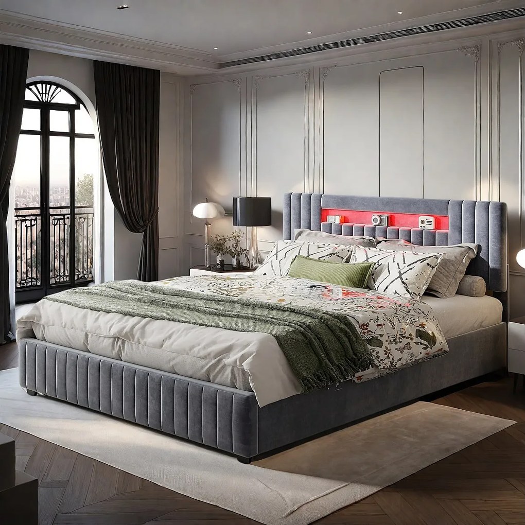 Eleganckie Szare Łóżko z Pojemnikiem z Weluru 160x200 cm z Zagłówkiem LED - System Podnoszenia na Gaz