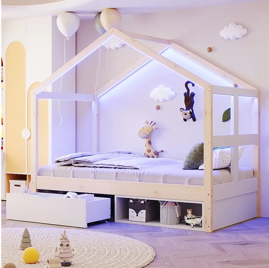 Łóżko drewniane dla dzieci - 90 x 190 cm - z szufladami + mała szafka na buty + diody LED - w kształcie domku - naturalne