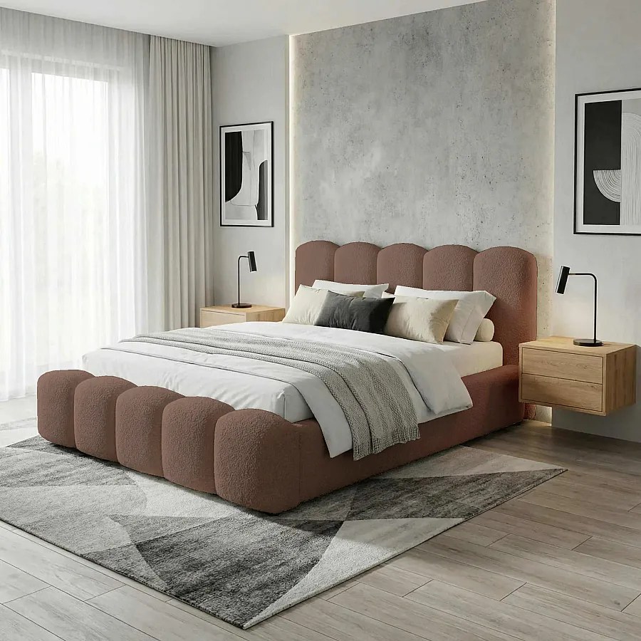 BESILIO Łóżko z grubej pianki 140x200 boucle Milly - łóżko z pojemnikiem i stelażem - Brązowy
