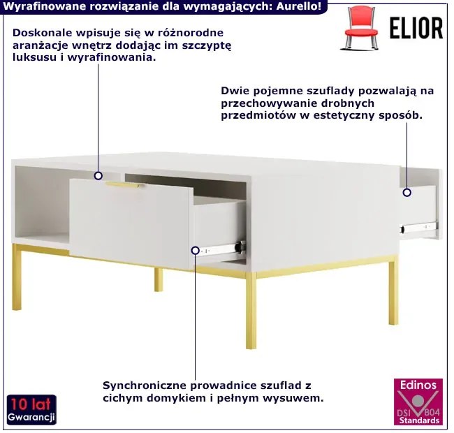 Prostokątna ława z 2 szufladami biały + złoty T8-P83